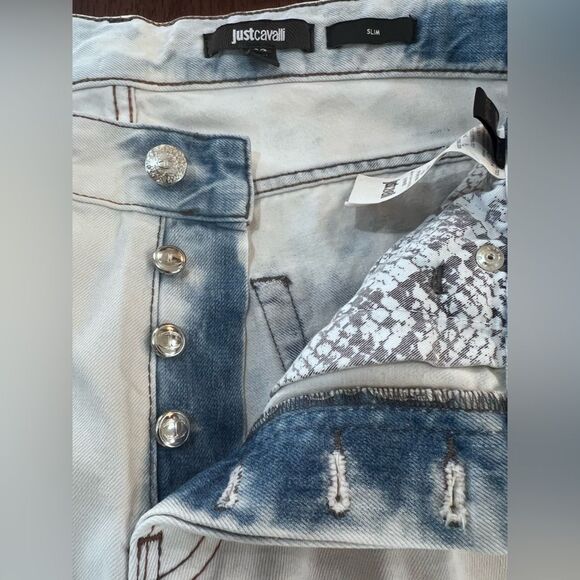Just Cavalli Light Wash Beaded Snake Slim Fit Jeans 32x34 Italy Designer Denim - Picture 7 of 15